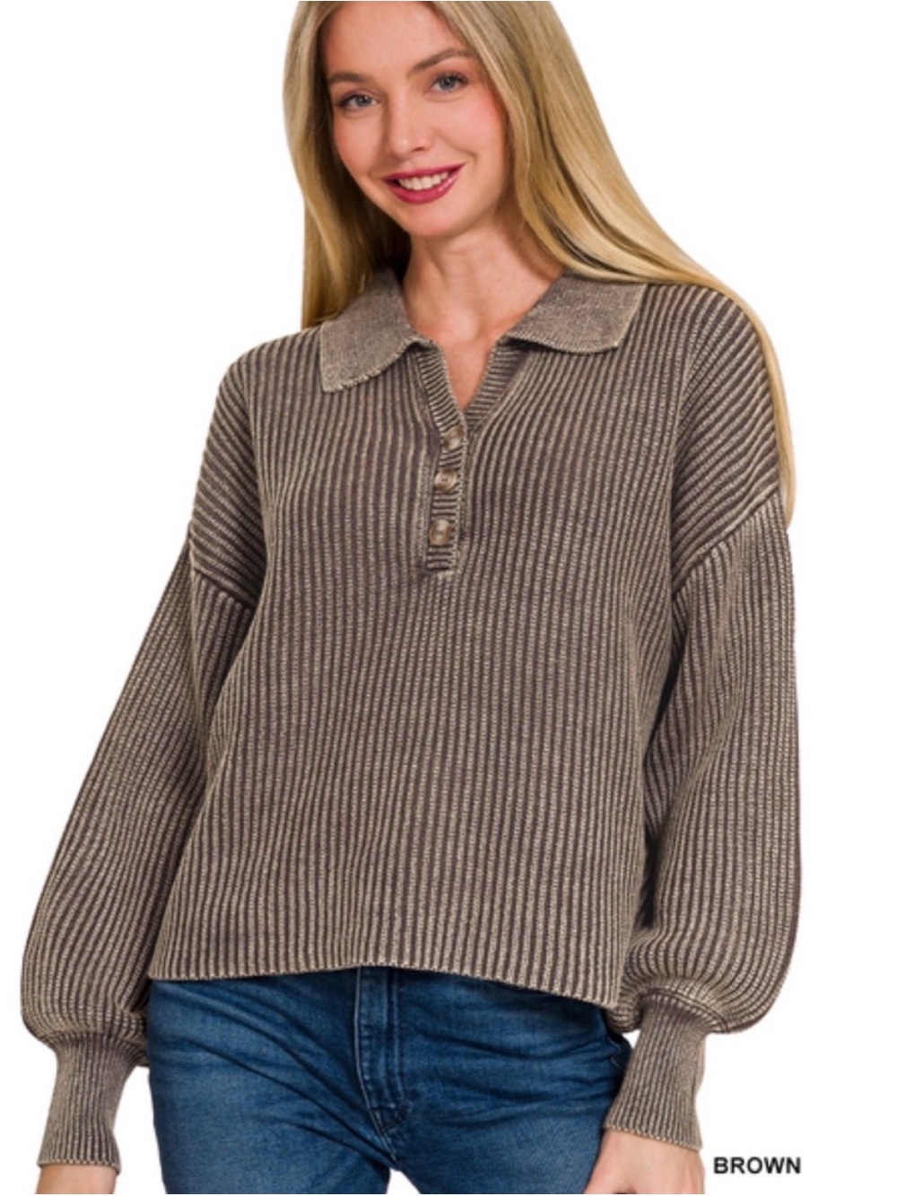 Zenana Outfitters Brown Ribbed Polo Pullover - Picture 2 of 5